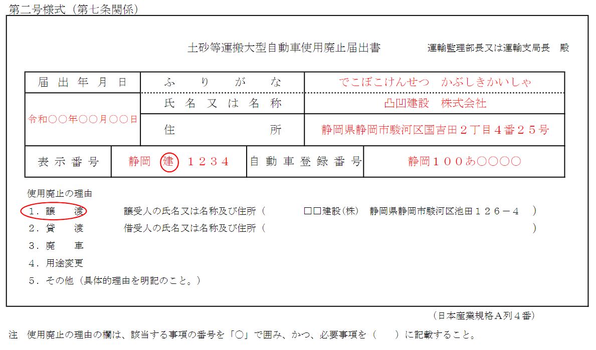 土砂等運搬大型自動車使用廃止届出書の記載例